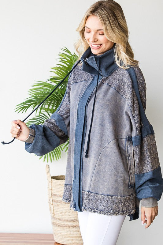 WASHED MIX MEDIA CROCHET LACE FRENCH TERRY JACKET