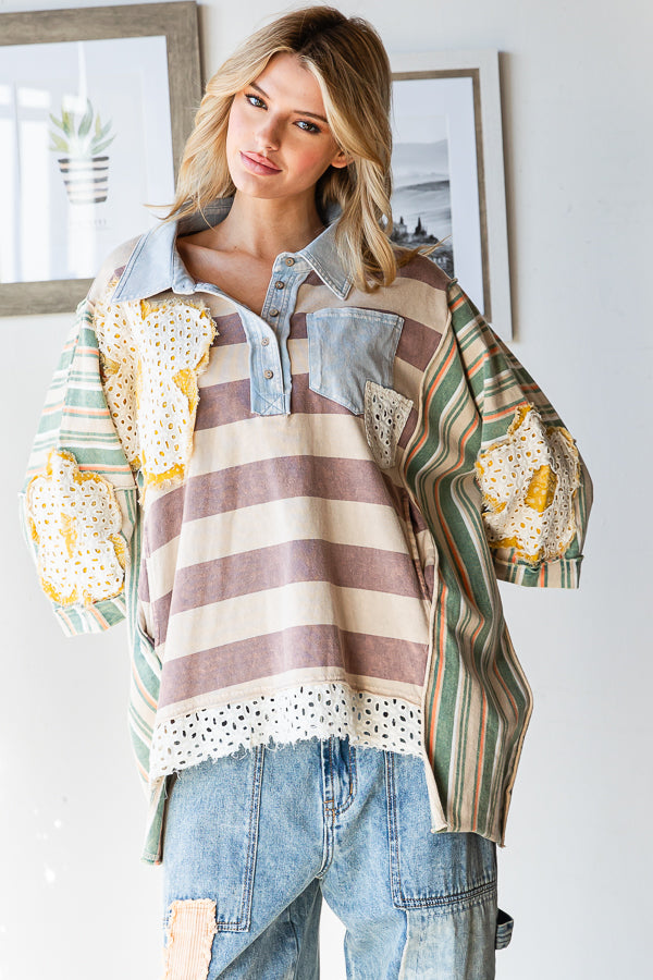 FLOWER PATCHWORK MULTICOLOR STRIPED TOP