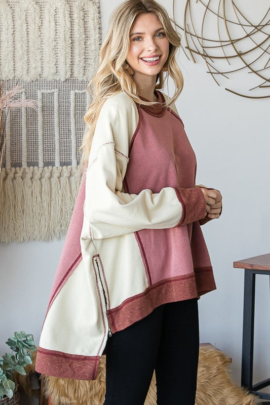 WASHED COLORBLOCK BOXY PULLOVER KNIT TOP