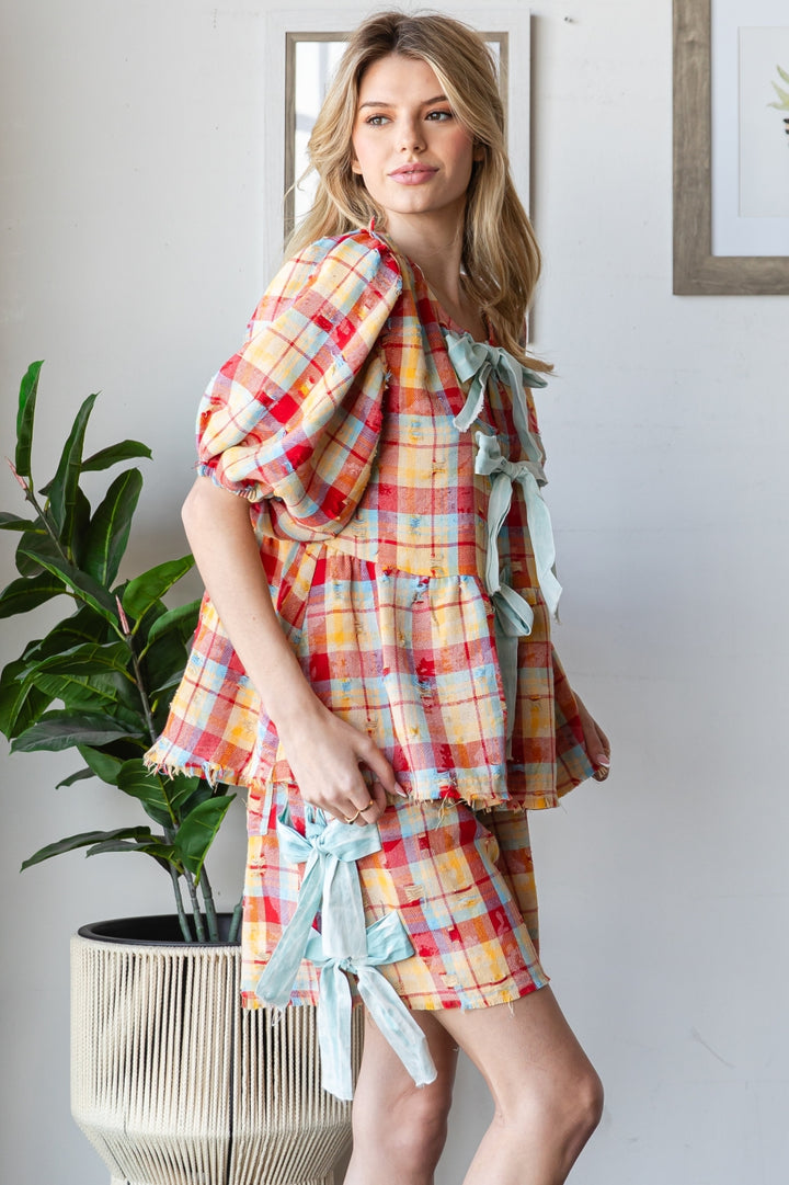 WASHED PLAID RIBBON TOP SHORT TWO PIECE SET