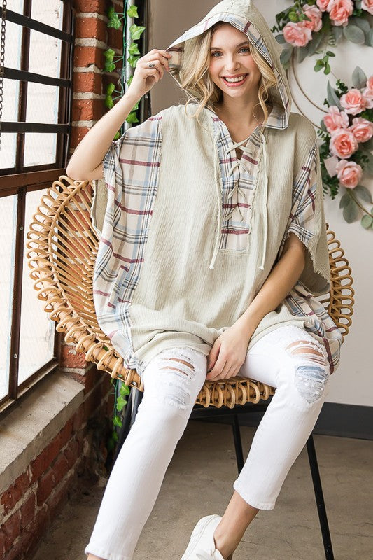 WASHED PLAID MIXED HOODED OVERSIZED TUNIC TOP