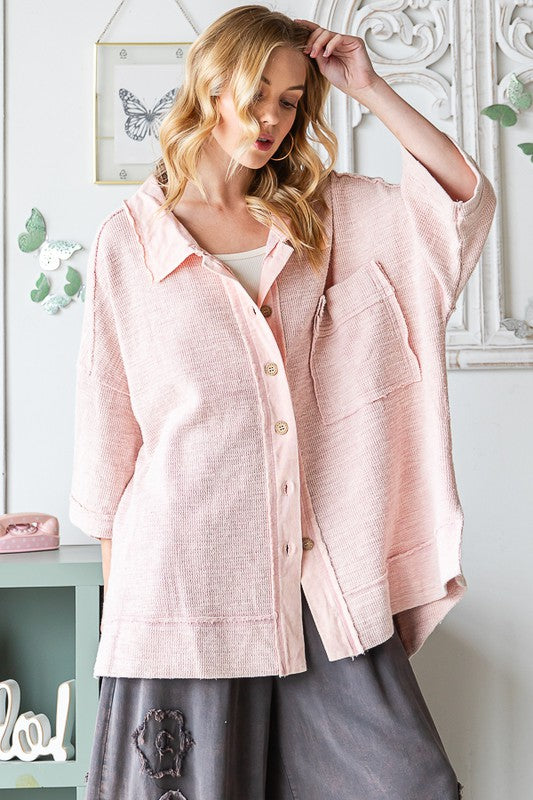 WASHED MIX MEDIA COLLAR NECK OVERSIZED SHIRT