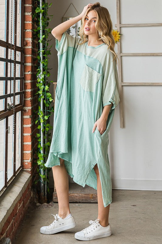MINERAL WASHED CONTRAST YOKE OVERSIZED TUNIC DRESS