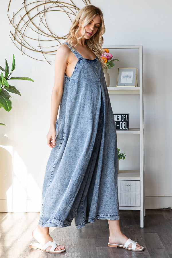 WASHED PLEATED DETAIL WIDE LEG ROMPER