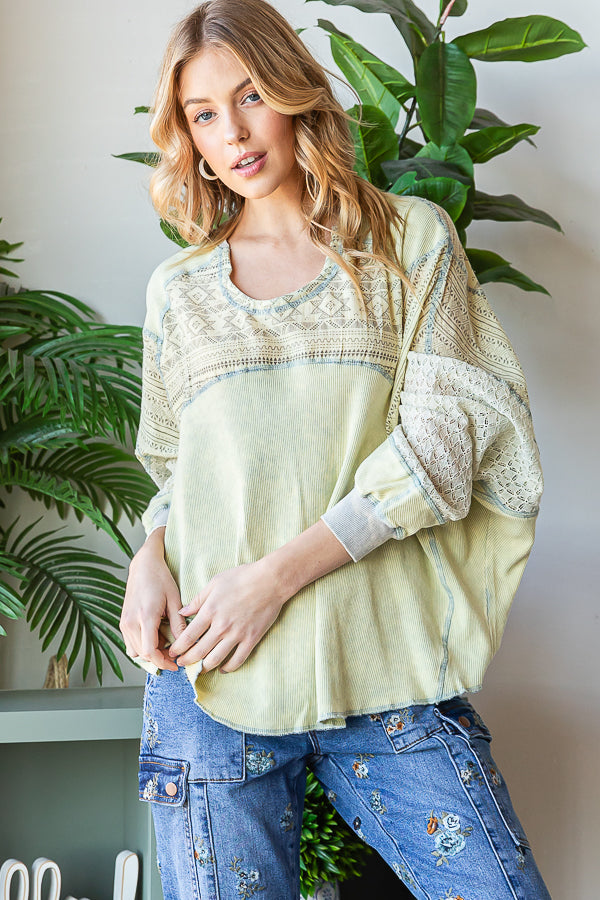 WASHED LACE CONTRAST YOKE LONG SLEEVE TOP