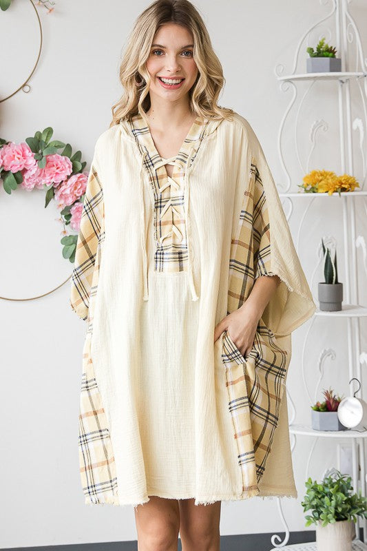 WASHED PLAID MIXED HOODED OVERSIZED TUNIC TOP