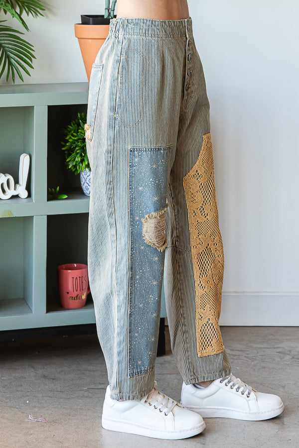 WASHED PATCHWORK DETAIL STRAIGHT LEG DENIM JEANS