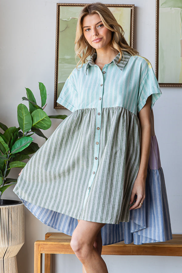 COLORBLOCK STRIPED COLLAR FLARE HEM SHIRT DRESS