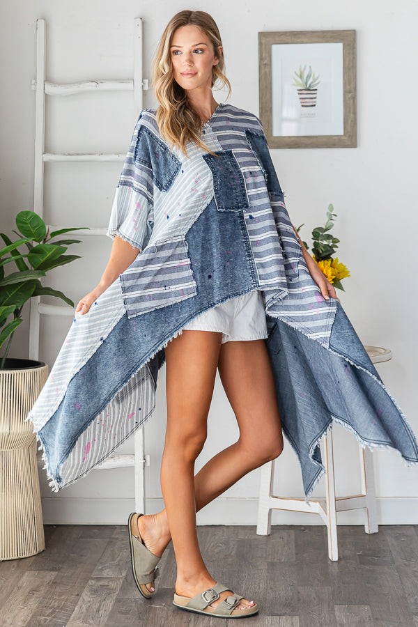WASHED PAINT DROP DENIM PATCH FABRIC MIXED TOP