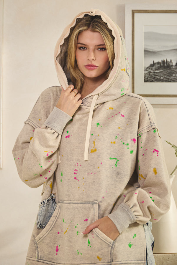 WASHED SPLATTER PAINT LONG SLEEVE HOODIE