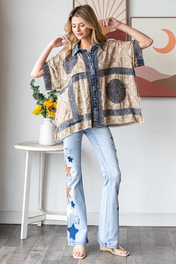 WASHED CROCHET PATCHWORK BUTTON DOWN SHIRT