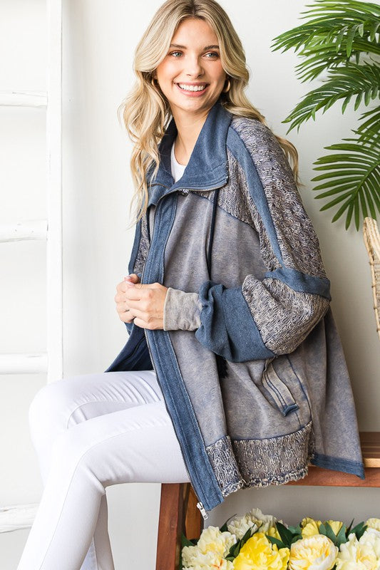 WASHED MIX MEDIA CROCHET LACE FRENCH TERRY JACKET