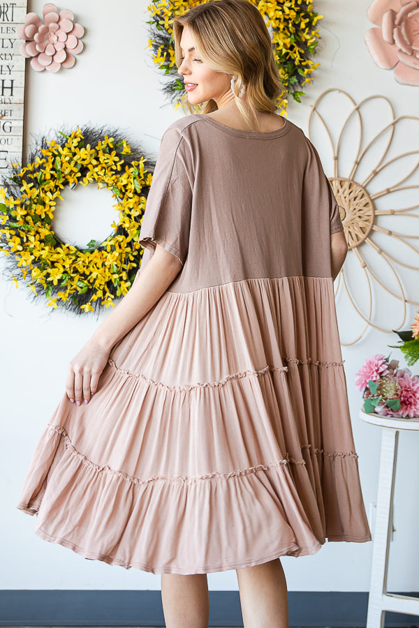 WASHED MIX MEDIA V NECK TIERED HEM FLARE DRESS