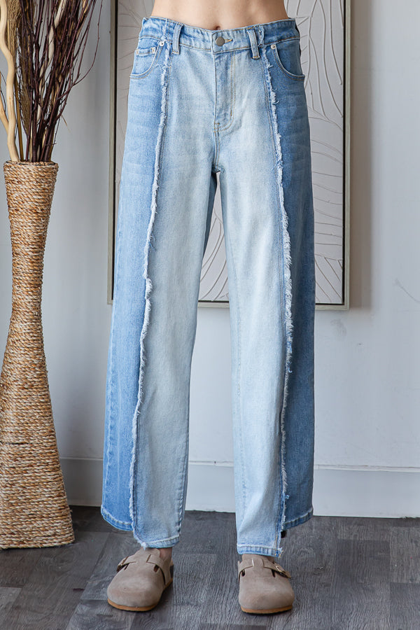 FRAYED TRIM HIGH WAIST VINTAGE DENIM JEANS