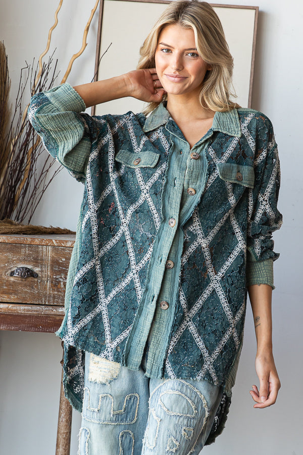 MINERAL WASHED BUTTON DOWN LACE TOP