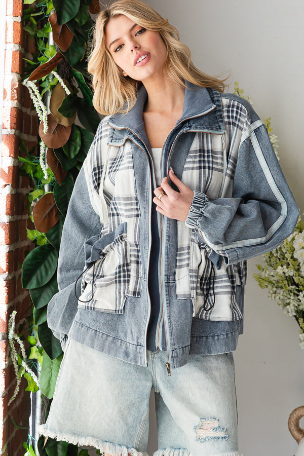WASHED DENIM PLAID MIXED LAYERED ZIP UP JACKET