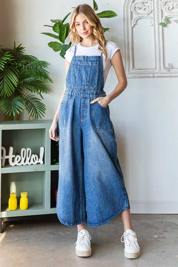 WASHED FRONT POCKET SLEEVELESS DENIM JUMPSUIT