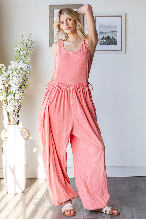 WASHED WIDE LEG DRAWSTRING DETAIL JUMPSUIT