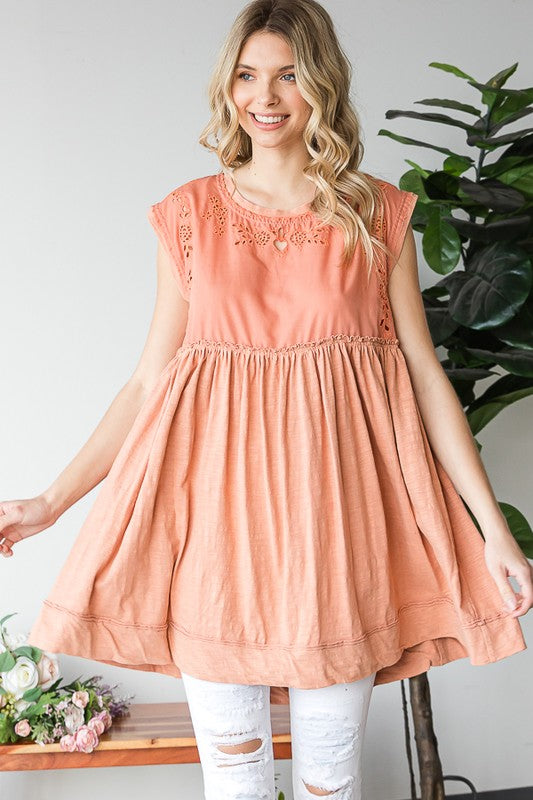 MINERAL WASHED EMBROIDEY PEPLUM TUNIC TOP