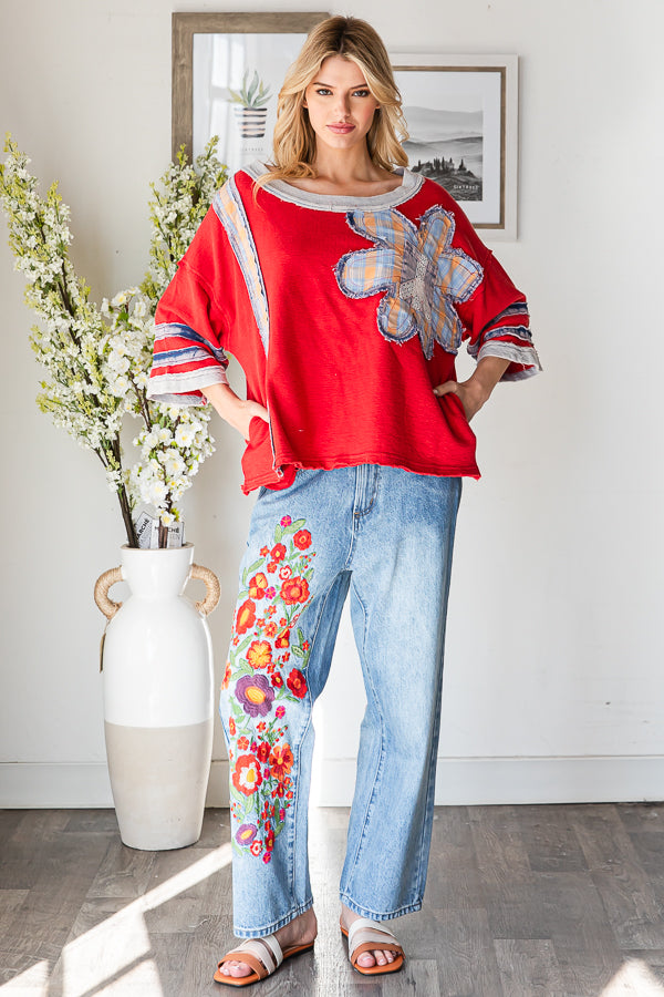 WASHED FLOWER PATCHWORK KNIT TOP