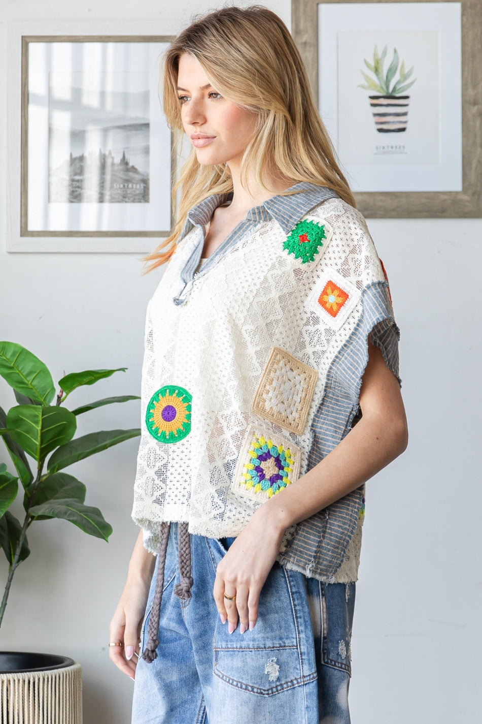 MIX MATCH CROCHET PATCHED LACE COLLAR TOP