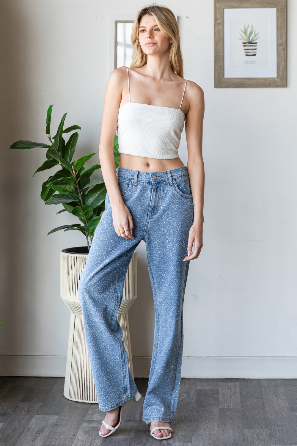 WASHED ALL OVER RHINESTONE EMBELLISHED DENIM JEANS