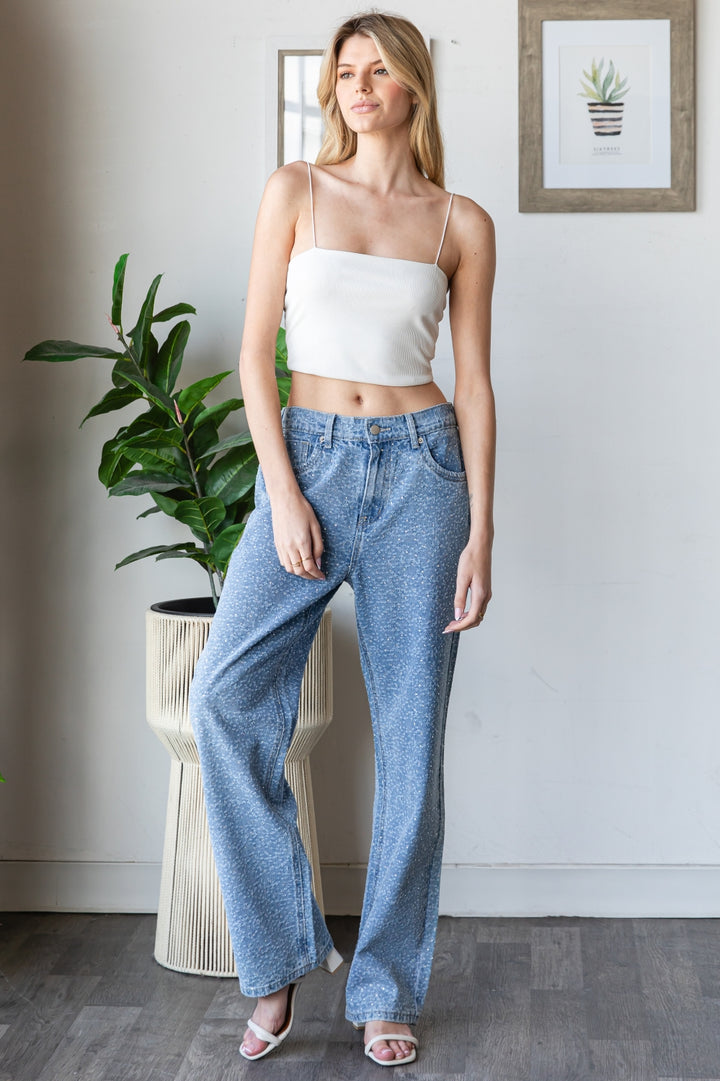 WASHED ALL OVER RHINESTONE EMBELLISHED DENIM JEANS