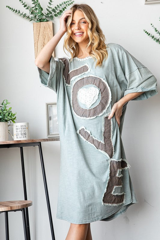 WASHED LOVE EMBROIDERY SHORT SLEEVE MIDI DRESS