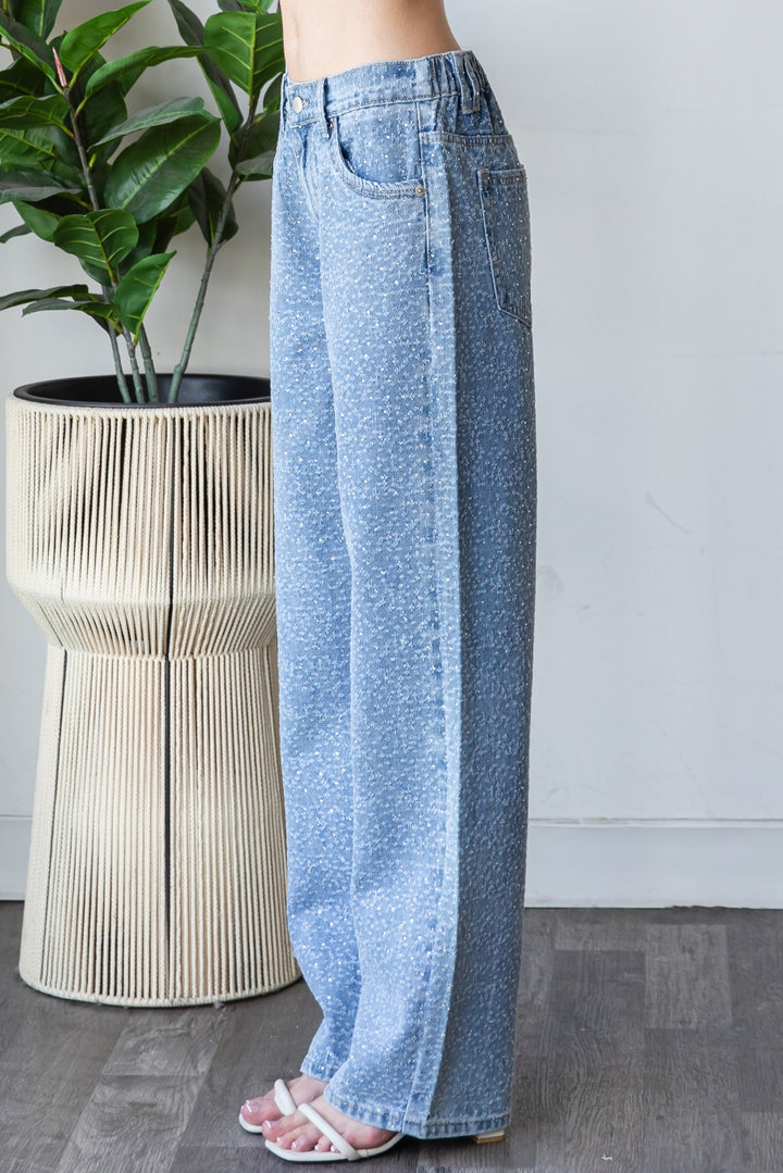 WASHED ALL OVER RHINESTONE EMBELLISHED DENIM JEANS