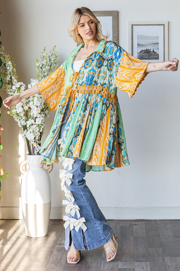 PRINTED MIX KIMONO MINI DRESS