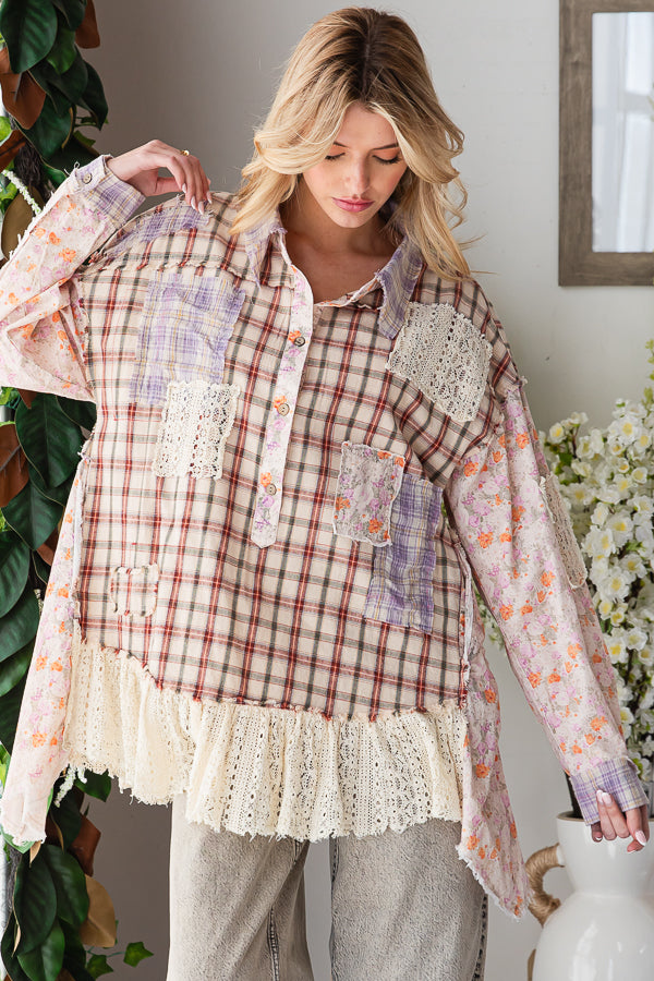 WASHED RUFFLE LACE HEM BUTTON UP PLAID SHIRT