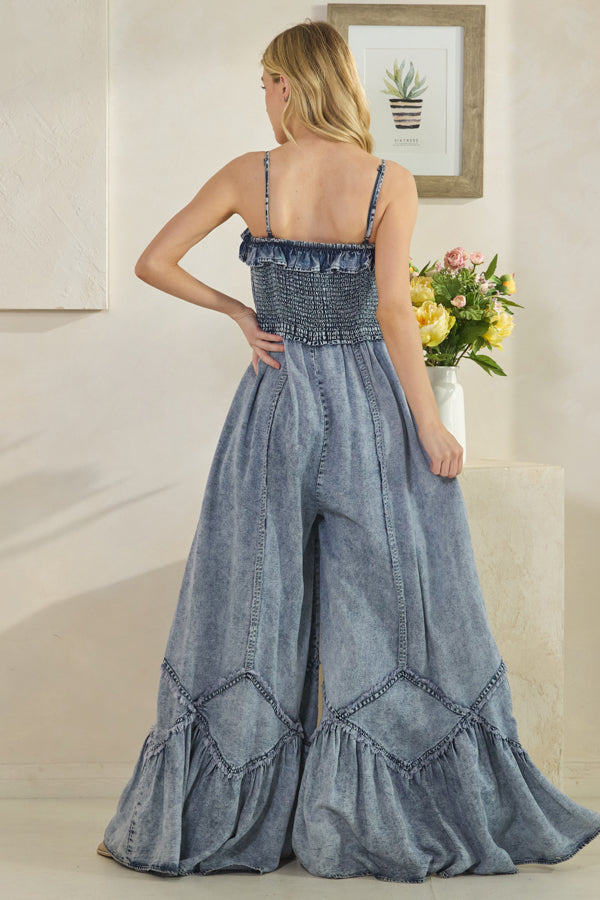 SMOCKED RUFFLE HEM WIDE LEG TENCEL JUMPSUIT