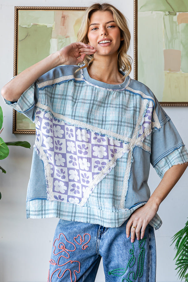 WASHED PRINTED MIX MEDIA SHORT SLEEVE TOP