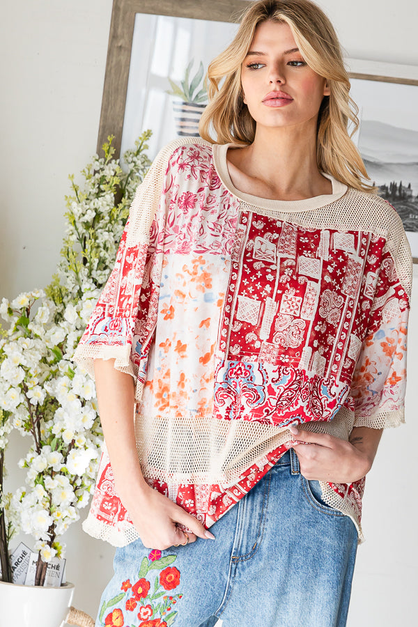MIXED PRINT MESH CONTRAST RELAXED TOP