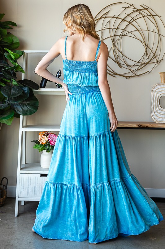 WASHED TIERED SMOCKED WAIST WIDE LEG JUMPSUIT