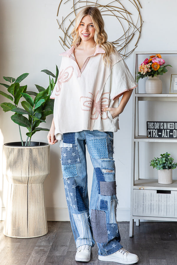 WASHED BUTTERFLY PATCHWORK HENLEY NECK KNIT TOP