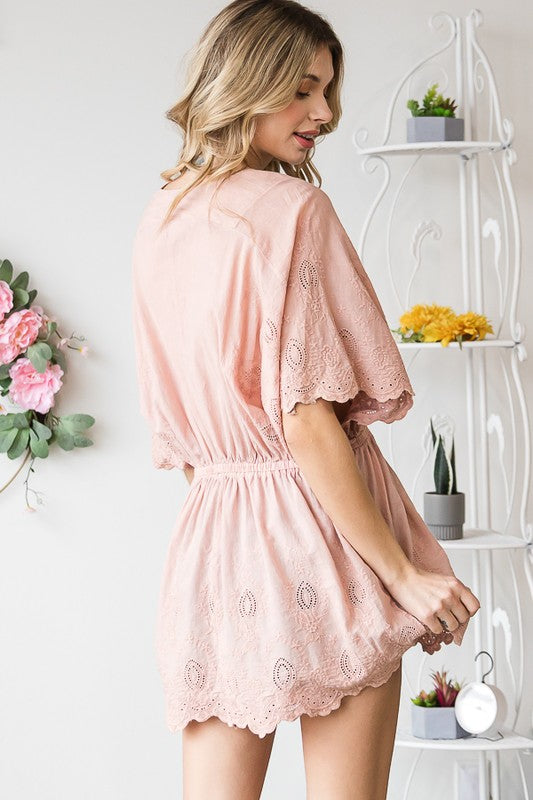 WASHED SURPLICE FRONT EYELET HEM PEPLUM BLOUSE