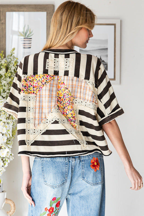 STAR PATCHWORK STRIPED SHORT SLEEVE TOP