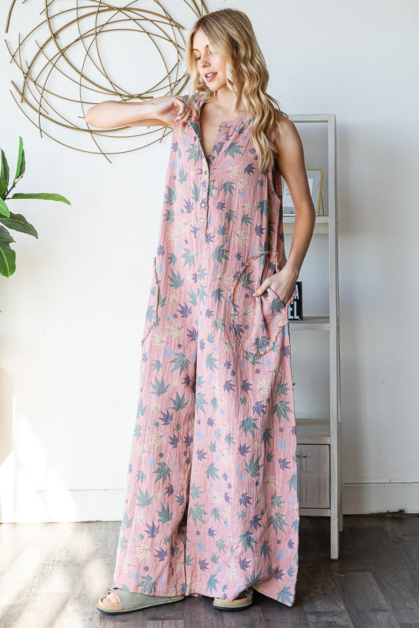 WASHED SLEEVELESS PRINTED REVERSIBLE JUMPSUIT