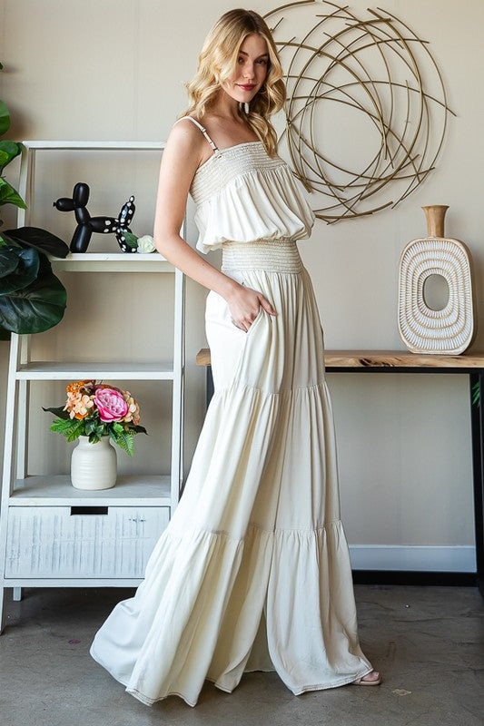 WASHED TIERED SMOCKED WAIST WIDE LEG JUMPSUIT
