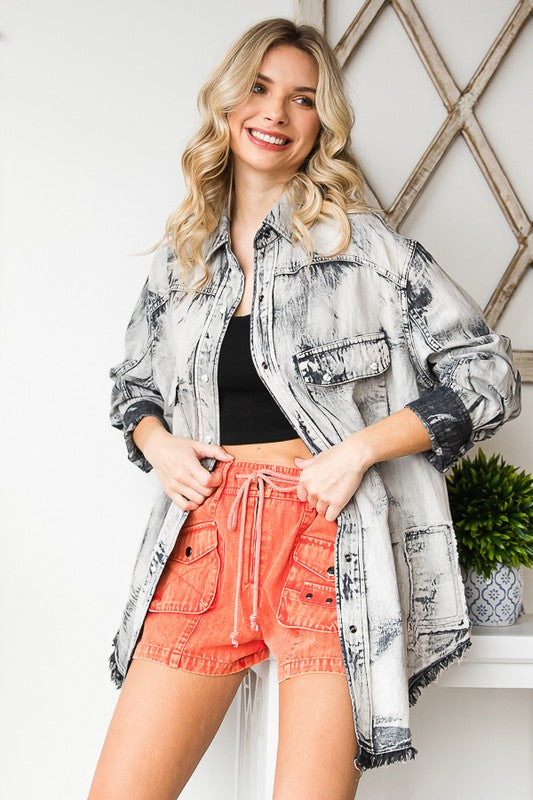 BLEACHED DETAIL BUTTON DOWN OVERSIZED DENIM SHIRT