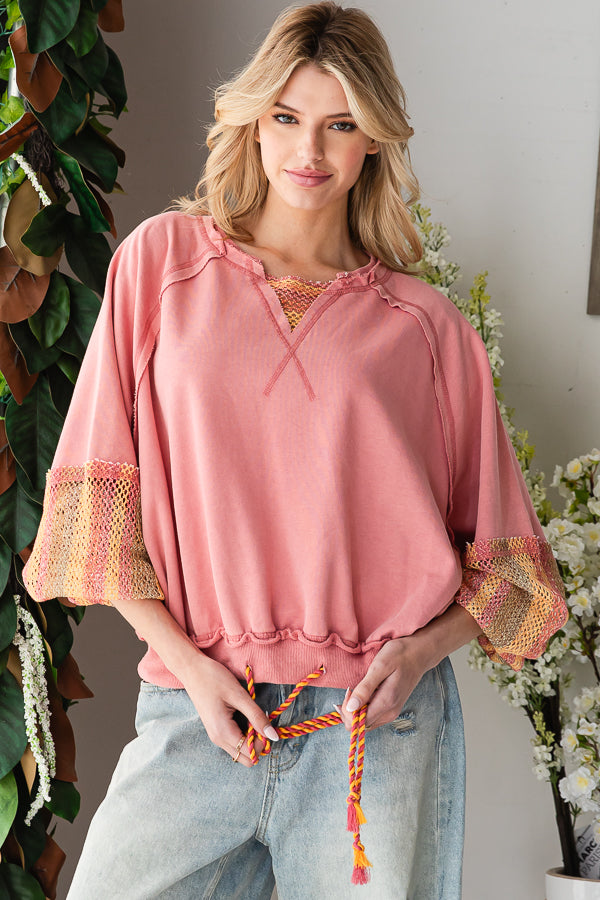 WASHED MESH SLEEVED FRENCH TERRY PULLOVER