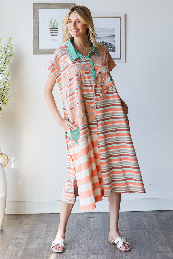 WASHED STAR AND PEACE PATCH STRIPE TEE DRESS