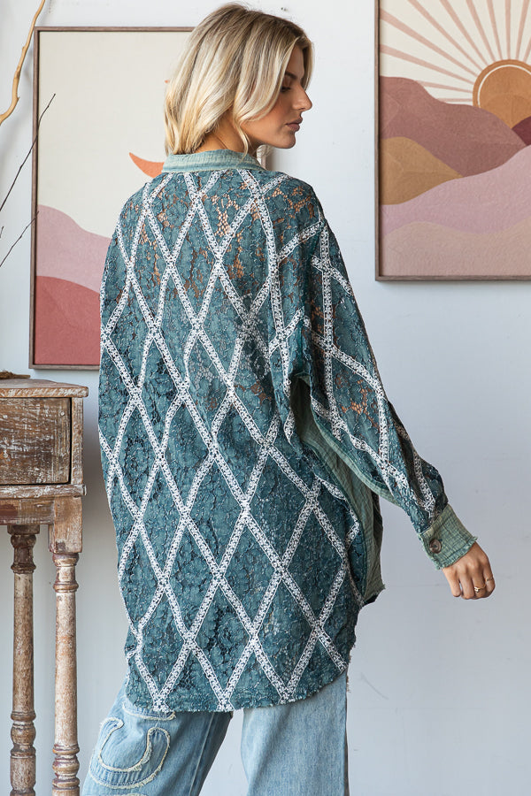 MINERAL WASHED BUTTON DOWN LACE TOP