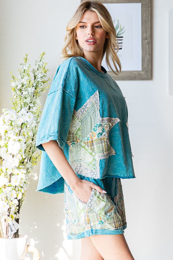 MULTI PRINT STAR PATCHWORK TOP SHORT TWO PIECE SET