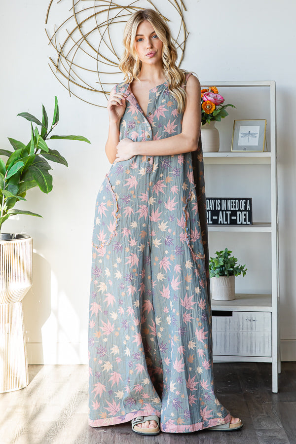 WASHED SLEEVELESS PRINTED REVERSIBLE JUMPSUIT