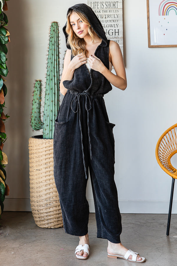 WASHED DRAWSTRING HOODED TIE WAIST LOOSE JUMPSUIT