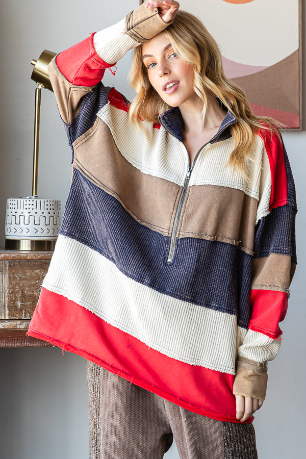 WASHED COLORBLOCK HALF ZIP PULLOVER TOP