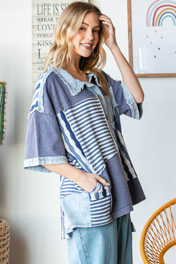 WASHED COLORBLOCK CONTRAST SHORT SLEEVE SHIRT