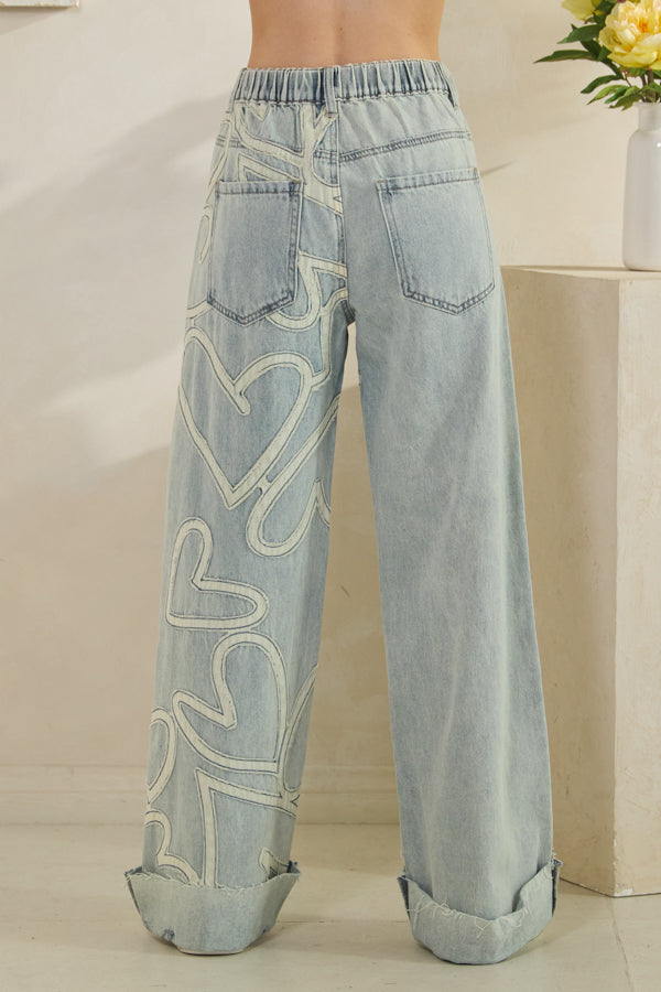 WASHED HEART PATCHWORK DETAIL DENIM JEANS